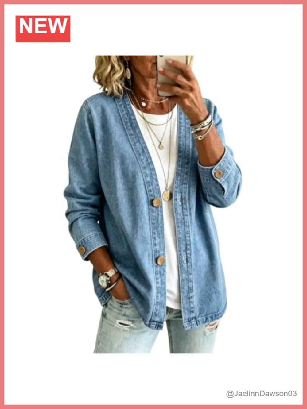 Lightweight Denim Jacket Collarless Button Front Relaxed Fit Women's Casual